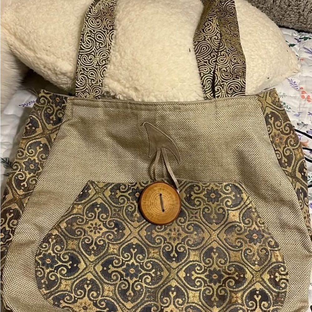 Yomolove Elegant Gold and Brown Patterned Tote Bag by Yvette Fair